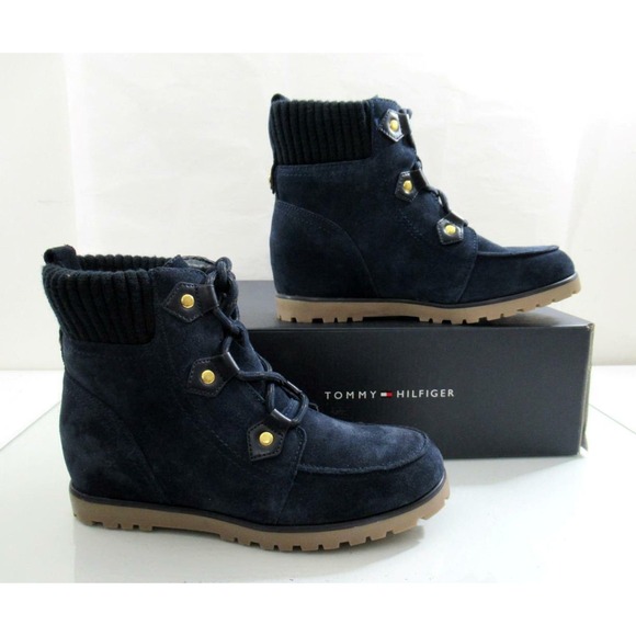 Tommy Hilfiger Serafin Lace Up Wedge Boots Booties Medium Blue Suede - Picture 7 of 8